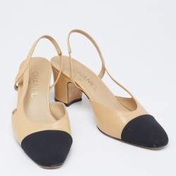 Pre Owned حذاء كعب عالي شانيل كانفاس وجلد بيج/أسود مزين سي سي مقدمة سوداء فتحة كعب مقاس 37.5