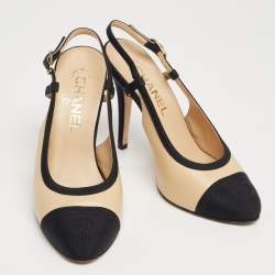 مملوكة مسبقًا Chanel Black/Beige Leather And Canvas CC Embroidered Slingback Sandals Size 36