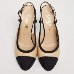 مملوكة مسبقًا Chanel Black/Beige Leather And Canvas CC Embroidered Slingback Sandals Size 36