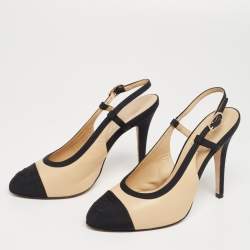 مملوكة مسبقًا Chanel Black/Beige Leather And Canvas CC Embroidered Slingback Sandals Size 36