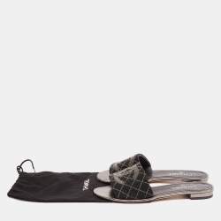 Chanel Black/Grey Pearl Beaded CC Flat Slides Size 41