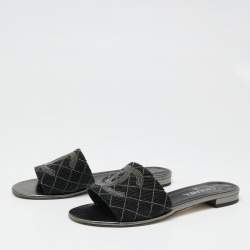 Chanel Black/Grey Pearl Beaded CC Flat Slides Size 41
