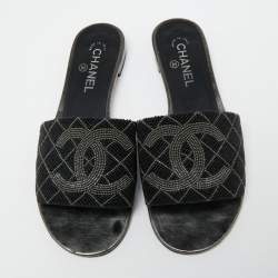 Chanel Black/Grey Pearl Beaded CC Flat Slides Size 41