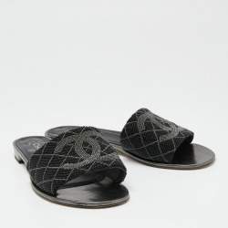 Chanel Black/Grey Pearl Beaded CC Flat Slides Size 41