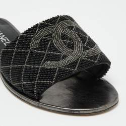 Chanel Black/Grey Pearl Beaded CC Flat Slides Size 41
