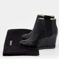 Chanel Black Leather CC Cap Toe Chain Wedge Ankle Boots Size 40.5