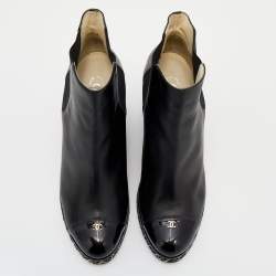 Chanel Black Leather CC Cap Toe Chain Wedge Ankle Boots Size 40.5