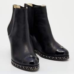 Chanel Black Leather CC Cap Toe Chain Wedge Ankle Boots Size 40.5