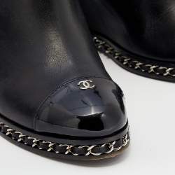 Chanel Black Leather CC Cap Toe Chain Wedge Ankle Boots Size 40.5