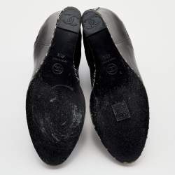 Chanel Black Leather CC Cap Toe Chain Wedge Ankle Boots Size 40.5