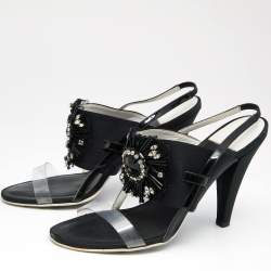 Chanel Black Satin And PVC Embellished Slingback Sandals Size 40