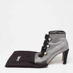 Chanel metallic Silver/Black Leather And Canvas Faux Pearl CC Fabric Cap Toe Booties Size 41
