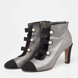 Chanel metallic Silver/Black Leather And Canvas Faux Pearl CC Fabric Cap Toe Booties Size 41
