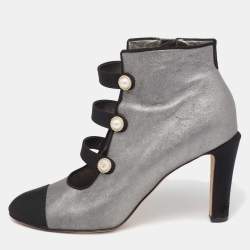 Chanel metallic Silver/Black Leather And Canvas Faux Pearl CC Fabric Cap Toe Booties Size 41