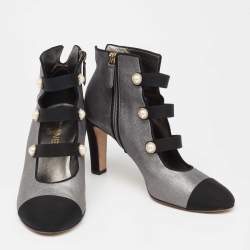 Chanel metallic Silver/Black Leather And Canvas Faux Pearl CC Fabric Cap Toe Booties Size 41