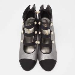 Chanel metallic Silver/Black Leather And Canvas Faux Pearl CC Fabric Cap Toe Booties Size 41