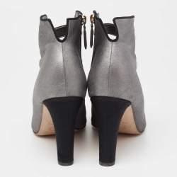 Chanel metallic Silver/Black Leather And Canvas Faux Pearl CC Fabric Cap Toe Booties Size 41