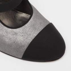 Chanel metallic Silver/Black Leather And Canvas Faux Pearl CC Fabric Cap Toe Booties Size 41