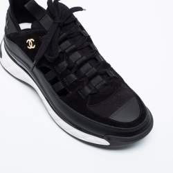 Pre Owned Chanel  Black Suede And Leather  CC Lace Up Sneakers Size 40.5