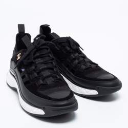 Pre Owned Chanel  Black Suede And Leather  CC Lace Up Sneakers Size 40.5