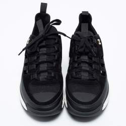 Pre Owned Chanel  Black Suede And Leather  CC Lace Up Sneakers Size 40.5