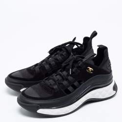 Pre Owned Chanel  Black Suede And Leather  CC Lace Up Sneakers Size 40.5