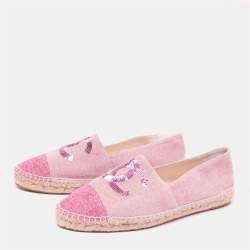 Pre Owned  حذاء إسبادريل شانيل فلات كانفاس وترتر وردي غطاءمقدمة شعار سي سي مقاس 42