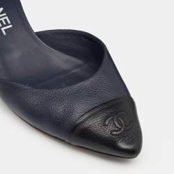 مملوكة مسبقًا Chanel Navy Blue/Black Leather CC Cap Toe Ankle Strap Sandals Size 37