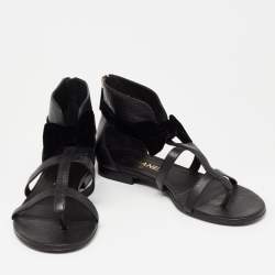 مملوكة مسبقًا Chanel Black Leather Velvet Bow Detail CC Flat Sandals Size 39