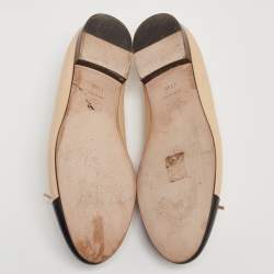 Pre Owned Chanel Beige/Black Leather CC Cap-Toe Bow Ballet Flats Size 41.5