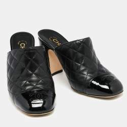 Pre Owned Chanel Black Quilted Leather CC Cap Toe Mules Size 36.5