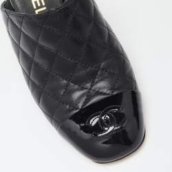 Pre Owned Chanel Black Quilted Leather CC Cap Toe Mules Size 36.5