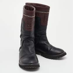 Chanel Black/Burgundy Leather CC Mid Calf Boots Size 40