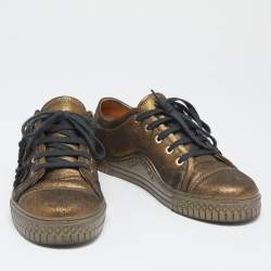 Pre Owned Chanel Metallic Bronze Nubuck Leather Camellia Lace Up Sneakers Size 35