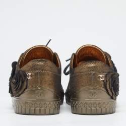 Pre Owned Chanel Metallic Bronze Nubuck Leather Camellia Lace Up Sneakers Size 35