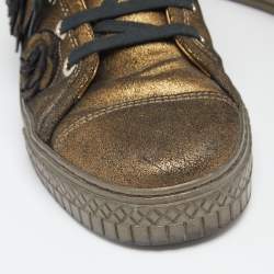Pre Owned Chanel Metallic Bronze Nubuck Leather Camellia Lace Up Sneakers Size 35