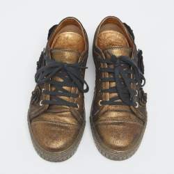 Pre Owned Chanel Metallic Bronze Nubuck Leather Camellia Lace Up Sneakers Size 35
