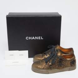 Pre Owned Chanel Metallic Bronze Nubuck Leather Camellia Lace Up Sneakers Size 35