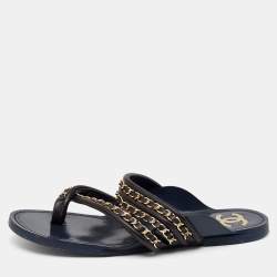 AUTHENTIC CHANEL 19 CC THONGS SANDALS SHOES QUILTED NAVY LEATHER EU36.5