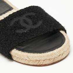 Pre Owned Chanel Black Tweed CC Flat Espadrille Slides Size 37