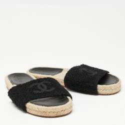 Pre Owned Chanel Black Tweed CC Flat Espadrille Slides Size 37