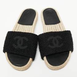 Pre Owned Chanel Black Tweed CC Flat Espadrille Slides Size 37