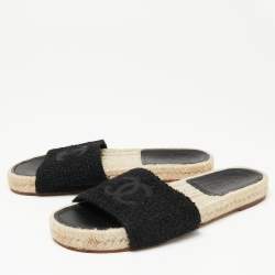 Pre Owned Chanel Black Tweed CC Flat Espadrille Slides Size 37