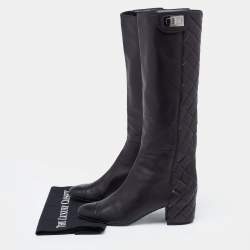 Chanel Black Quilted Leather CC Cap Toe Midcalf Boots Size 37.5