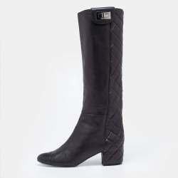 Chanel Black Quilted Leather CC Cap Toe Midcalf Boots Size 37.5