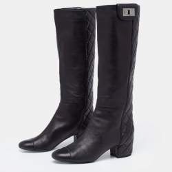Chanel Black Quilted Leather CC Cap Toe Midcalf Boots Size 37.5
