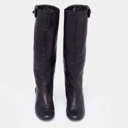 Chanel Black Quilted Leather CC Cap Toe Midcalf Boots Size 37.5