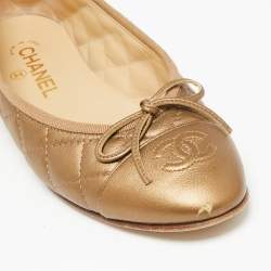 Pre Owned Chanel Gold  Leather Bow CC Cap Toe Ballet Flats Size 37