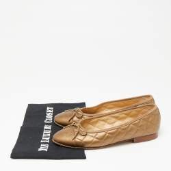Pre Owned Chanel Gold  Leather Bow CC Cap Toe Ballet Flats Size 37