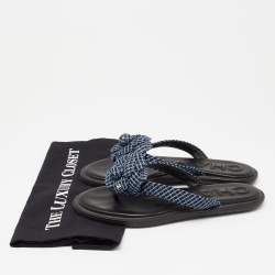 Chanel Blue Tweed Camellia Thong Flat Sandals Size 37.5